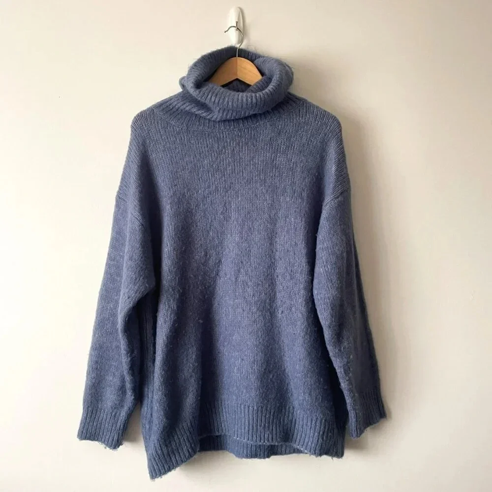 Zara Oversized Knit Turtleneck Sweater Jumper Dusty Blue Size Medium - Picture 3 of 8